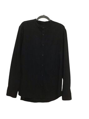 THE Melange black men’s long sleeves button down shirt mandarin collar L…
